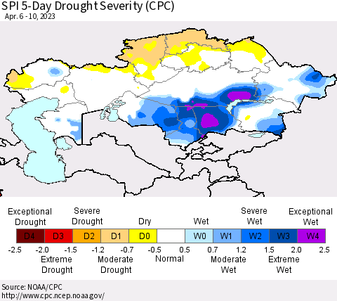Kazakhstan SPI 5-Day Drought Severity (CPC) Thematic Map For 4/6/2023 - 4/10/2023