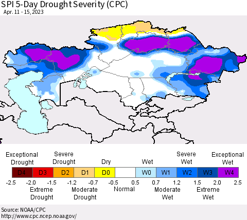 Kazakhstan SPI 5-Day Drought Severity (CPC) Thematic Map For 4/11/2023 - 4/15/2023