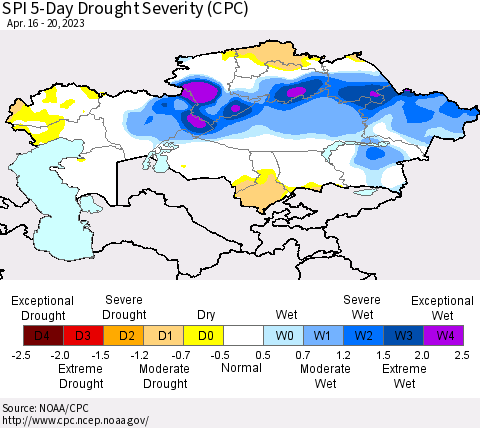 Kazakhstan SPI 5-Day Drought Severity (CPC) Thematic Map For 4/16/2023 - 4/20/2023