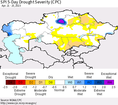 Kazakhstan SPI 5-Day Drought Severity (CPC) Thematic Map For 4/21/2023 - 4/25/2023