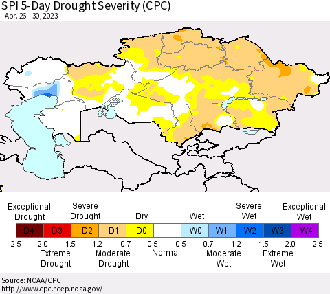 Kazakhstan SPI 5-Day Drought Severity (CPC) Thematic Map For 4/26/2023 - 4/30/2023