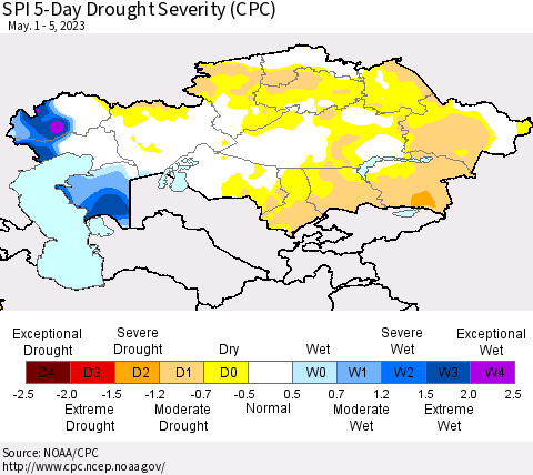 Kazakhstan SPI 5-Day Drought Severity (CPC) Thematic Map For 5/1/2023 - 5/5/2023