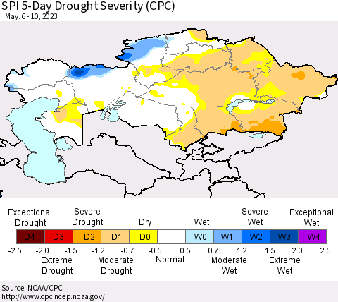 Kazakhstan SPI 5-Day Drought Severity (CPC) Thematic Map For 5/6/2023 - 5/10/2023
