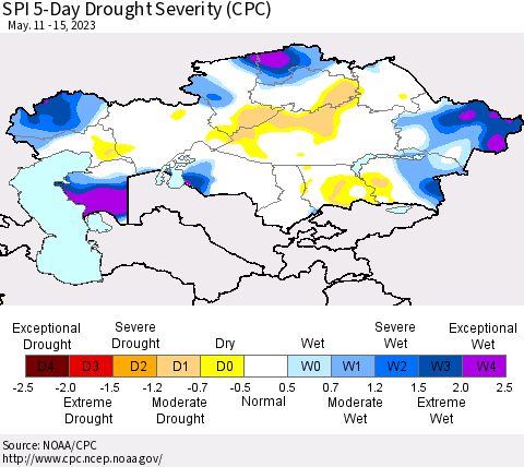 Kazakhstan SPI 5-Day Drought Severity (CPC) Thematic Map For 5/11/2023 - 5/15/2023