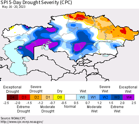 Kazakhstan SPI 5-Day Drought Severity (CPC) Thematic Map For 5/16/2023 - 5/20/2023