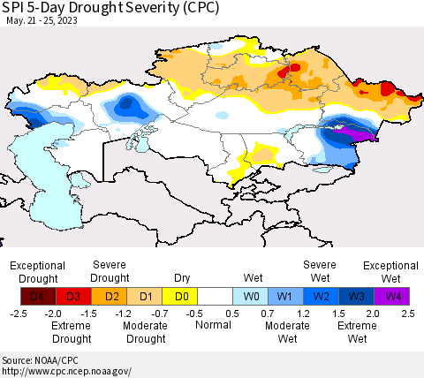 Kazakhstan SPI 5-Day Drought Severity (CPC) Thematic Map For 5/21/2023 - 5/25/2023
