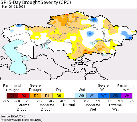 Kazakhstan SPI 5-Day Drought Severity (CPC) Thematic Map For 5/26/2023 - 5/31/2023