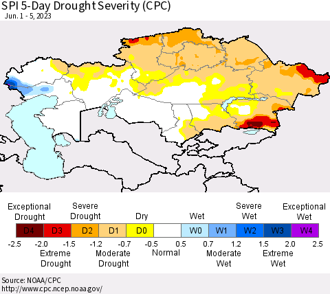 Kazakhstan SPI 5-Day Drought Severity (CPC) Thematic Map For 6/1/2023 - 6/5/2023