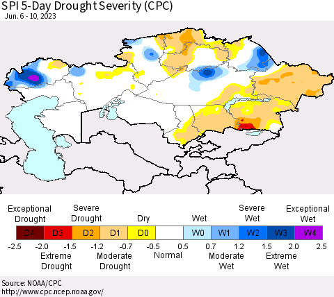 Kazakhstan SPI 5-Day Drought Severity (CPC) Thematic Map For 6/6/2023 - 6/10/2023