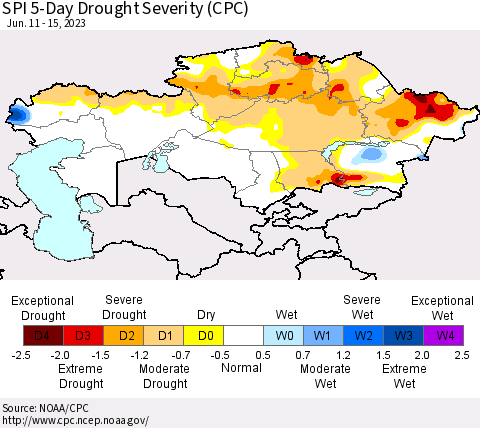 Kazakhstan SPI 5-Day Drought Severity (CPC) Thematic Map For 6/11/2023 - 6/15/2023