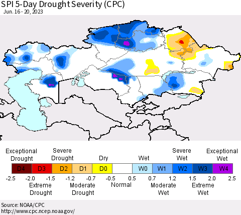Kazakhstan SPI 5-Day Drought Severity (CPC) Thematic Map For 6/16/2023 - 6/20/2023