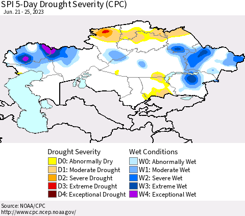 Kazakhstan SPI 5-Day Drought Severity (CPC) Thematic Map For 6/21/2023 - 6/25/2023