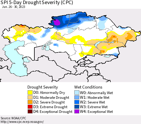 Kazakhstan SPI 5-Day Drought Severity (CPC) Thematic Map For 6/26/2023 - 6/30/2023