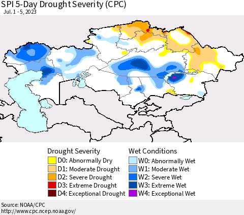 Kazakhstan SPI 5-Day Drought Severity (CPC) Thematic Map For 7/1/2023 - 7/5/2023