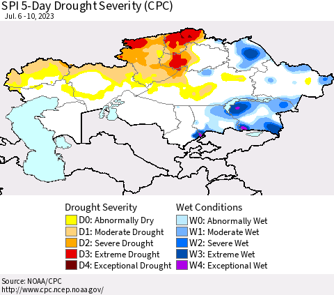 Kazakhstan SPI 5-Day Drought Severity (CPC) Thematic Map For 7/6/2023 - 7/10/2023