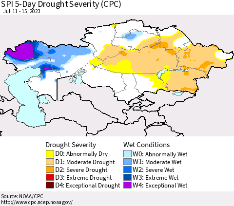 Kazakhstan SPI 5-Day Drought Severity (CPC) Thematic Map For 7/11/2023 - 7/15/2023