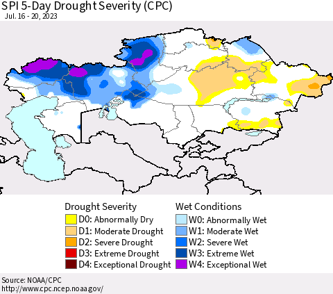 Kazakhstan SPI 5-Day Drought Severity (CPC) Thematic Map For 7/16/2023 - 7/20/2023