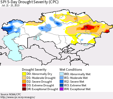 Kazakhstan SPI 5-Day Drought Severity (CPC) Thematic Map For 7/21/2023 - 7/25/2023