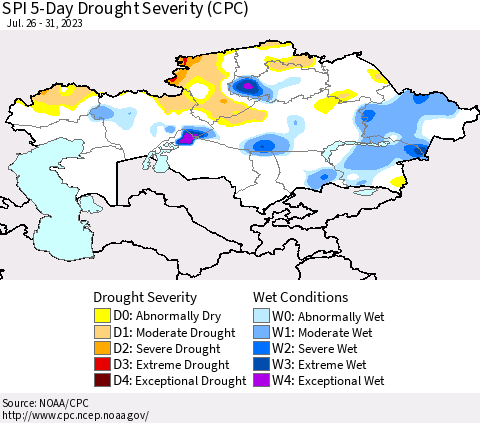 Kazakhstan SPI 5-Day Drought Severity (CPC) Thematic Map For 7/26/2023 - 7/31/2023