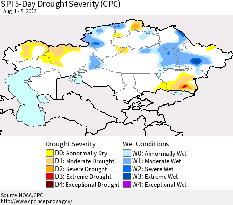 Kazakhstan SPI 5-Day Drought Severity (CPC) Thematic Map For 8/1/2023 - 8/5/2023