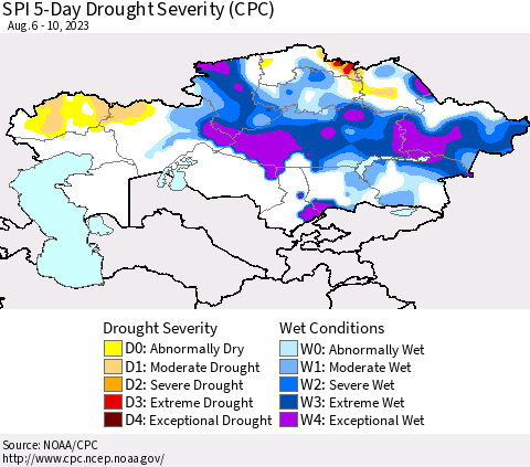 Kazakhstan SPI 5-Day Drought Severity (CPC) Thematic Map For 8/6/2023 - 8/10/2023