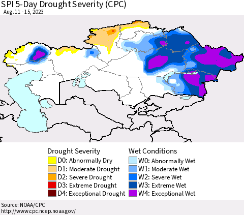 Kazakhstan SPI 5-Day Drought Severity (CPC) Thematic Map For 8/11/2023 - 8/15/2023