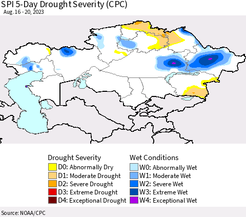 Kazakhstan SPI 5-Day Drought Severity (CPC) Thematic Map For 8/16/2023 - 8/20/2023