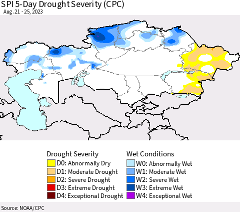 Kazakhstan SPI 5-Day Drought Severity (CPC) Thematic Map For 8/21/2023 - 8/25/2023