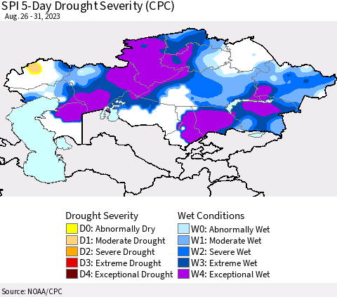 Kazakhstan SPI 5-Day Drought Severity (CPC) Thematic Map For 8/26/2023 - 8/31/2023
