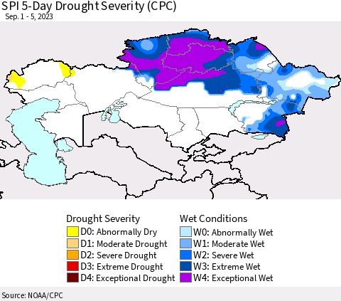 Kazakhstan SPI 5-Day Drought Severity (CPC) Thematic Map For 9/1/2023 - 9/5/2023