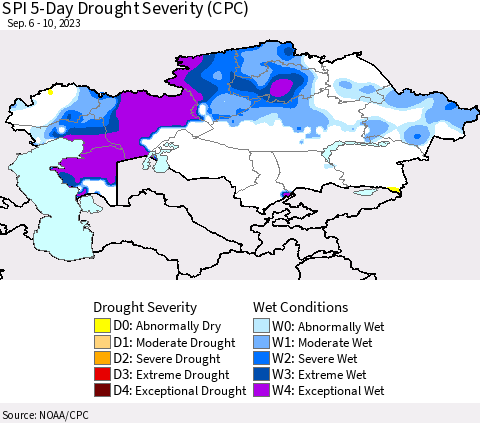Kazakhstan SPI 5-Day Drought Severity (CPC) Thematic Map For 9/6/2023 - 9/10/2023