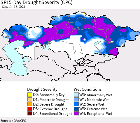 Kazakhstan SPI 5-Day Drought Severity (CPC) Thematic Map For 9/11/2023 - 9/15/2023