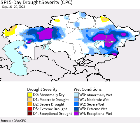 Kazakhstan SPI 5-Day Drought Severity (CPC) Thematic Map For 9/16/2023 - 9/20/2023