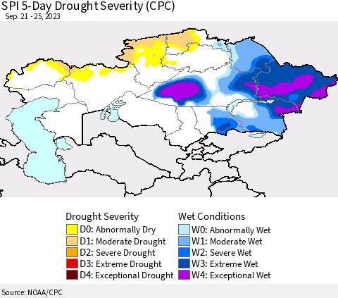 Kazakhstan SPI 5-Day Drought Severity (CPC) Thematic Map For 9/21/2023 - 9/25/2023