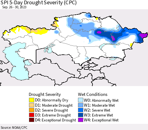 Kazakhstan SPI 5-Day Drought Severity (CPC) Thematic Map For 9/26/2023 - 9/30/2023