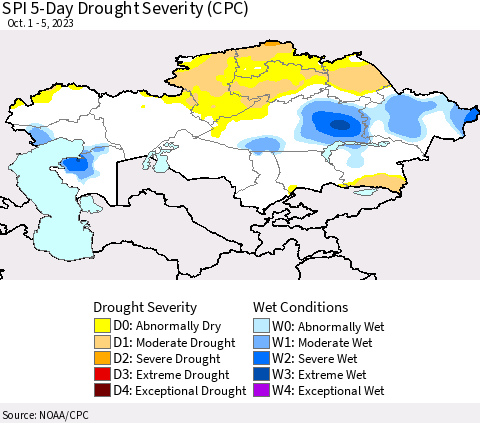 Kazakhstan SPI 5-Day Drought Severity (CPC) Thematic Map For 10/1/2023 - 10/5/2023