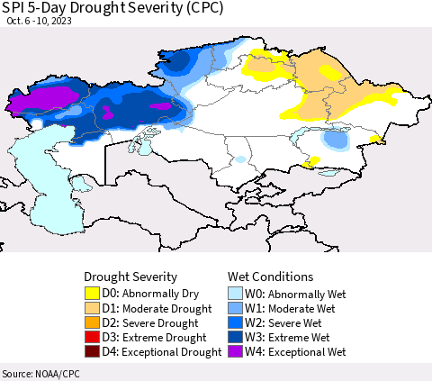 Kazakhstan SPI 5-Day Drought Severity (CPC) Thematic Map For 10/6/2023 - 10/10/2023