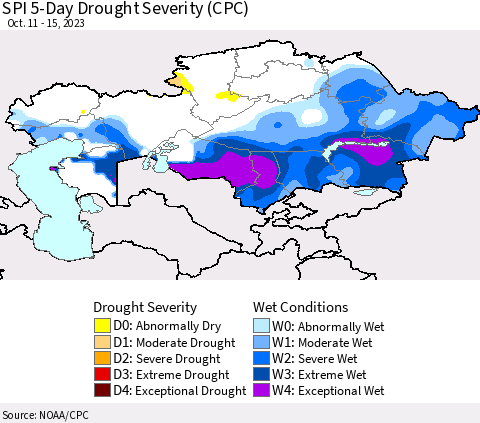 Kazakhstan SPI 5-Day Drought Severity (CPC) Thematic Map For 10/11/2023 - 10/15/2023