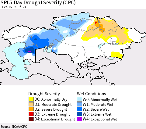 Kazakhstan SPI 5-Day Drought Severity (CPC) Thematic Map For 10/16/2023 - 10/20/2023