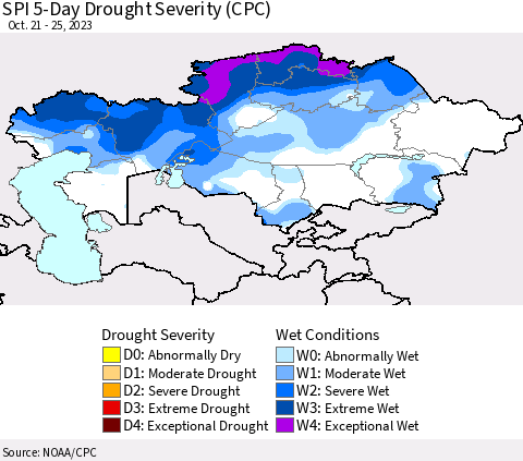 Kazakhstan SPI 5-Day Drought Severity (CPC) Thematic Map For 10/21/2023 - 10/25/2023