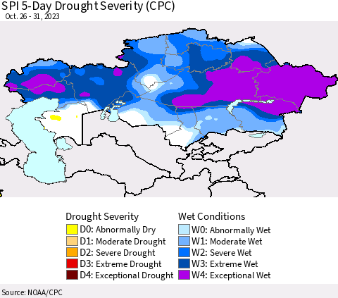 Kazakhstan SPI 5-Day Drought Severity (CPC) Thematic Map For 10/26/2023 - 10/31/2023