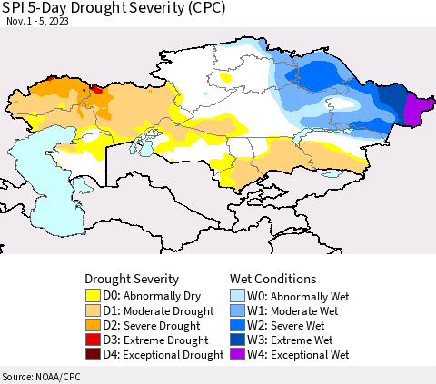 Kazakhstan SPI 5-Day Drought Severity (CPC) Thematic Map For 11/1/2023 - 11/5/2023