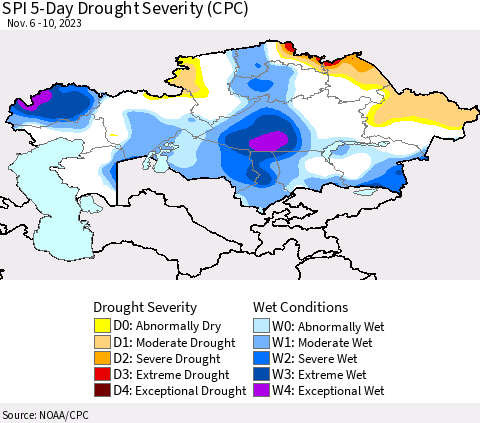 Kazakhstan SPI 5-Day Drought Severity (CPC) Thematic Map For 11/6/2023 - 11/10/2023