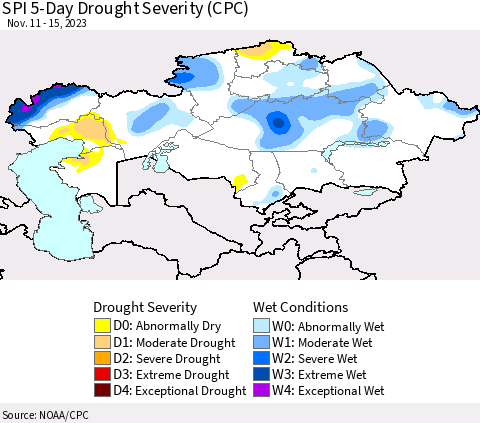Kazakhstan SPI 5-Day Drought Severity (CPC) Thematic Map For 11/11/2023 - 11/15/2023