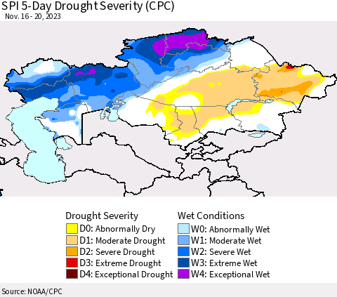 Kazakhstan SPI 5-Day Drought Severity (CPC) Thematic Map For 11/16/2023 - 11/20/2023