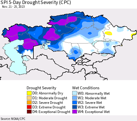 Kazakhstan SPI 5-Day Drought Severity (CPC) Thematic Map For 11/21/2023 - 11/25/2023