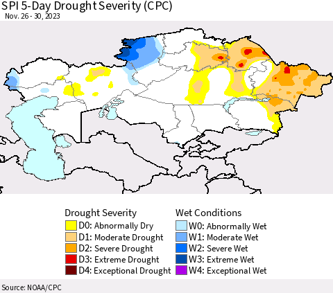 Kazakhstan SPI 5-Day Drought Severity (CPC) Thematic Map For 11/26/2023 - 11/30/2023