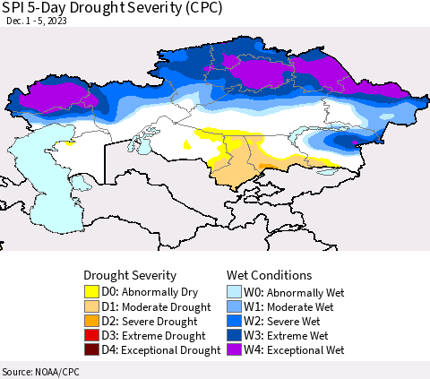 Kazakhstan SPI 5-Day Drought Severity (CPC) Thematic Map For 12/1/2023 - 12/5/2023