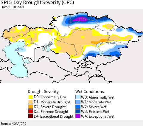 Kazakhstan SPI 5-Day Drought Severity (CPC) Thematic Map For 12/6/2023 - 12/10/2023