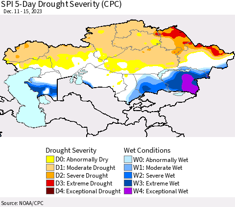 Kazakhstan SPI 5-Day Drought Severity (CPC) Thematic Map For 12/11/2023 - 12/15/2023